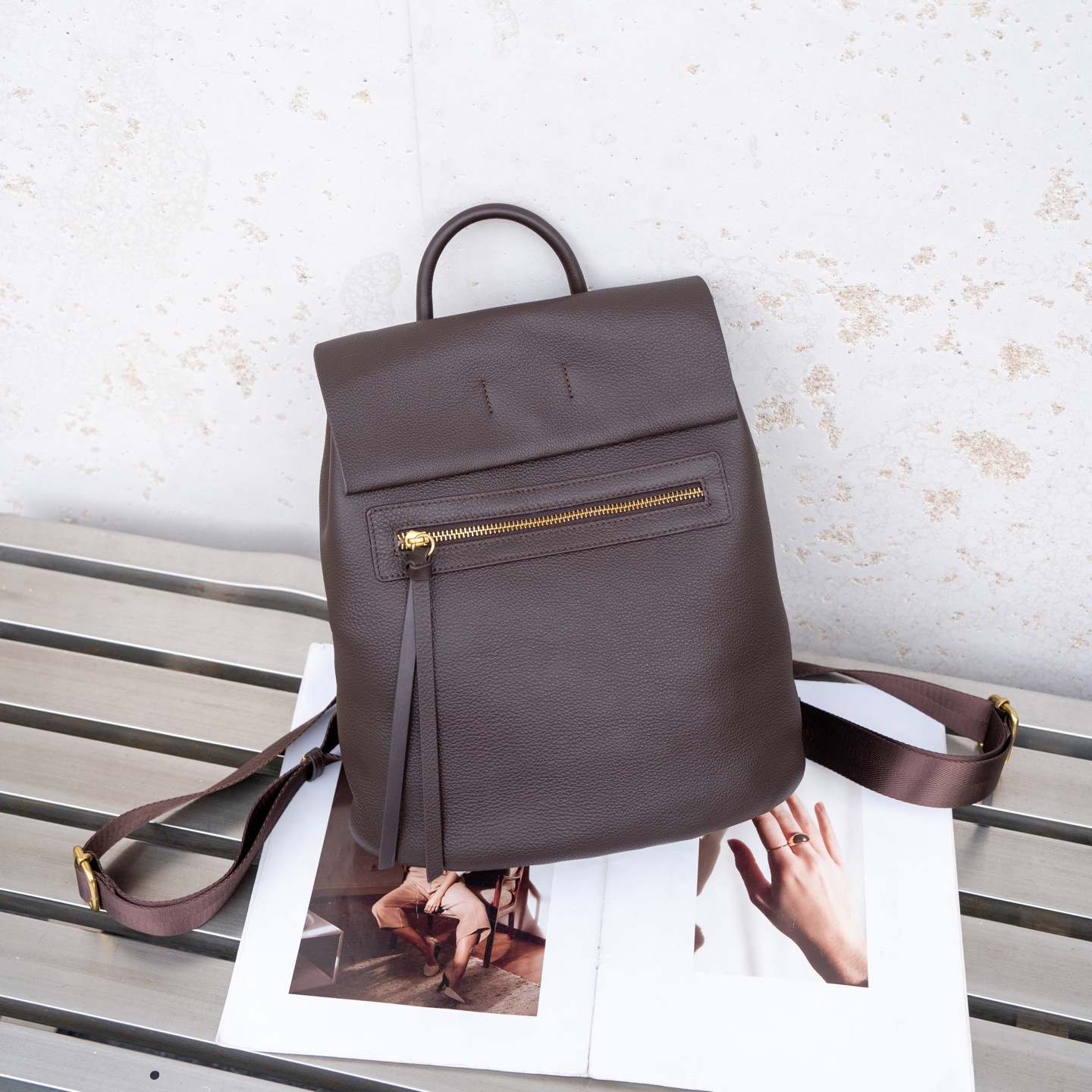 Women's Brown Leather Backpack with Front Zip Pocket