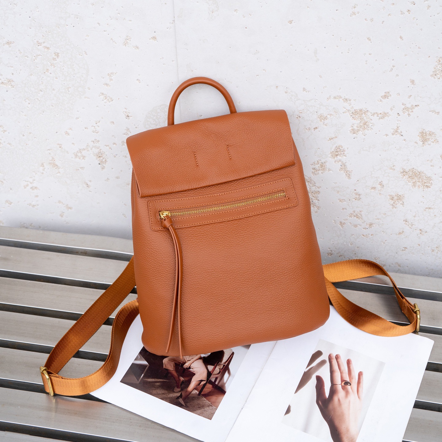 Women's Caramel Leather Backpack with Front Zip Pocket