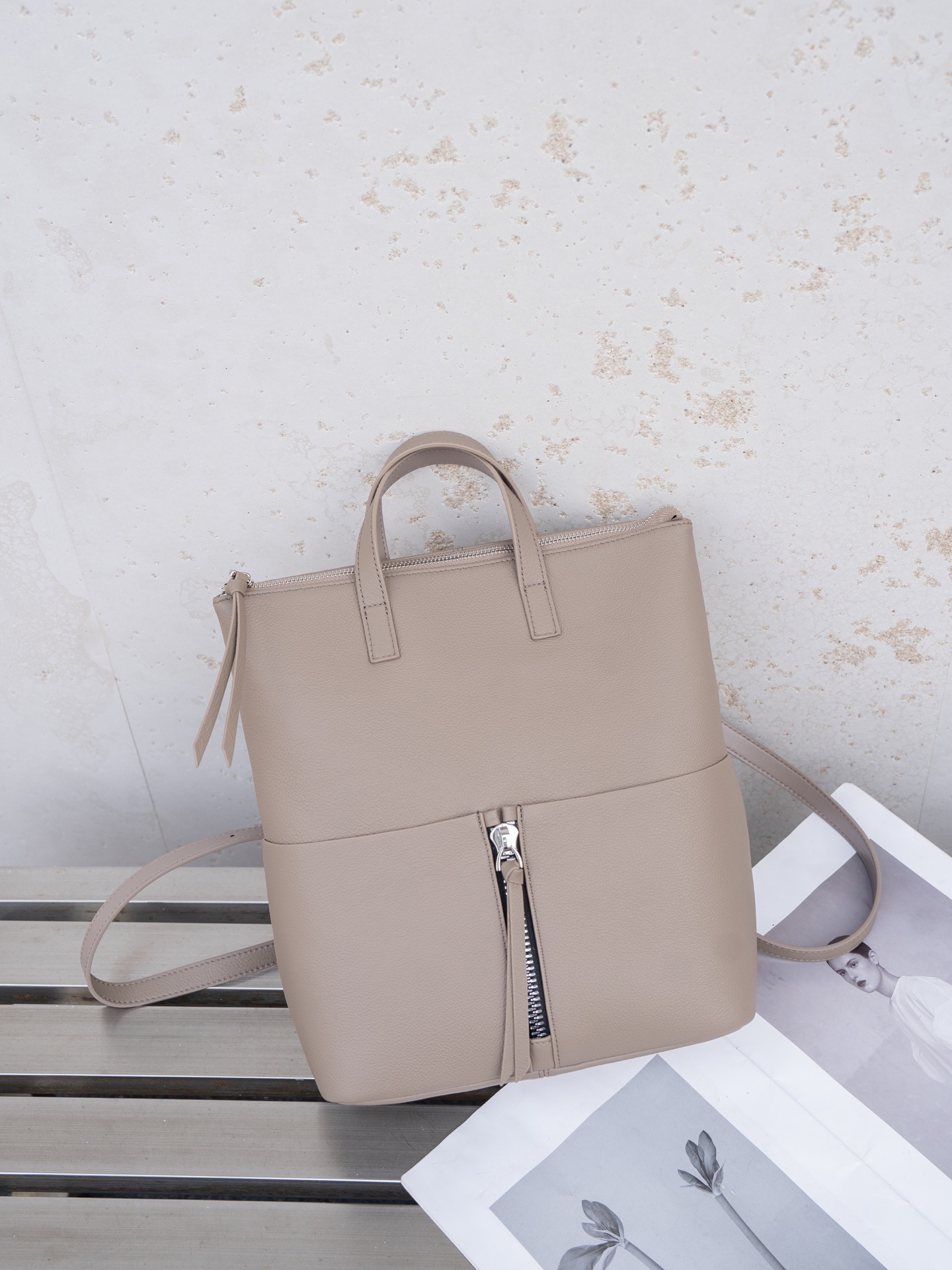 Women's Beige Leather Front Zip Detail Tote Backpack