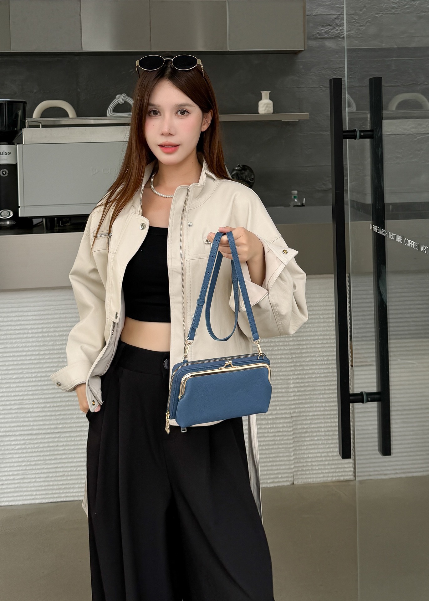 Women's Blue Leather Mini Metal Frame Crossbody Bag