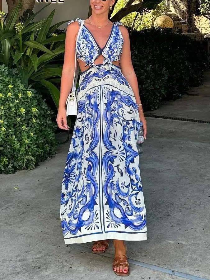 Printed Lace-Up Midi Dress