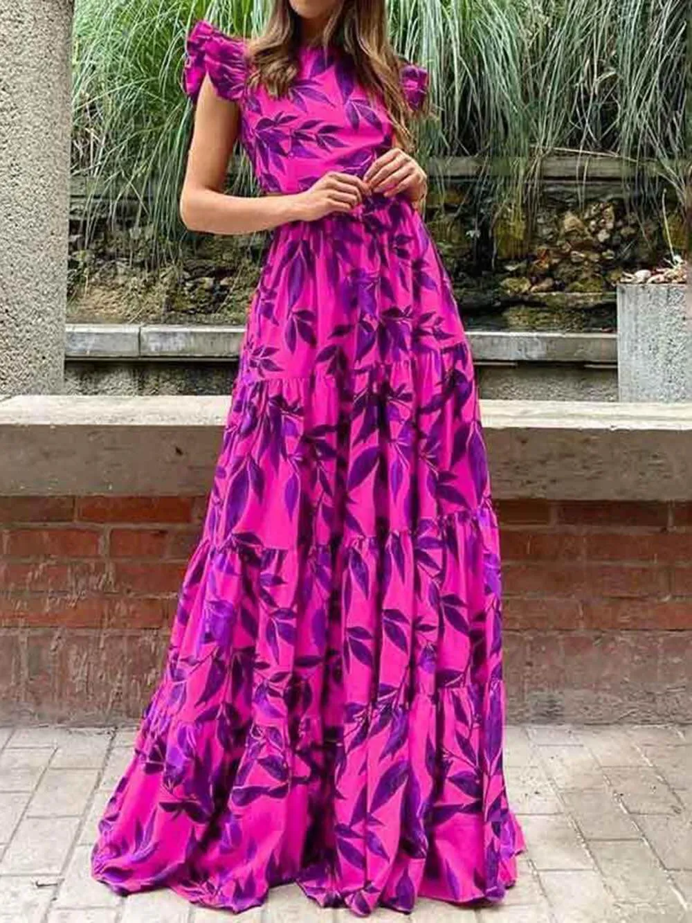 Fashion Printed Flying Sleeve High Waist Maxi Dress