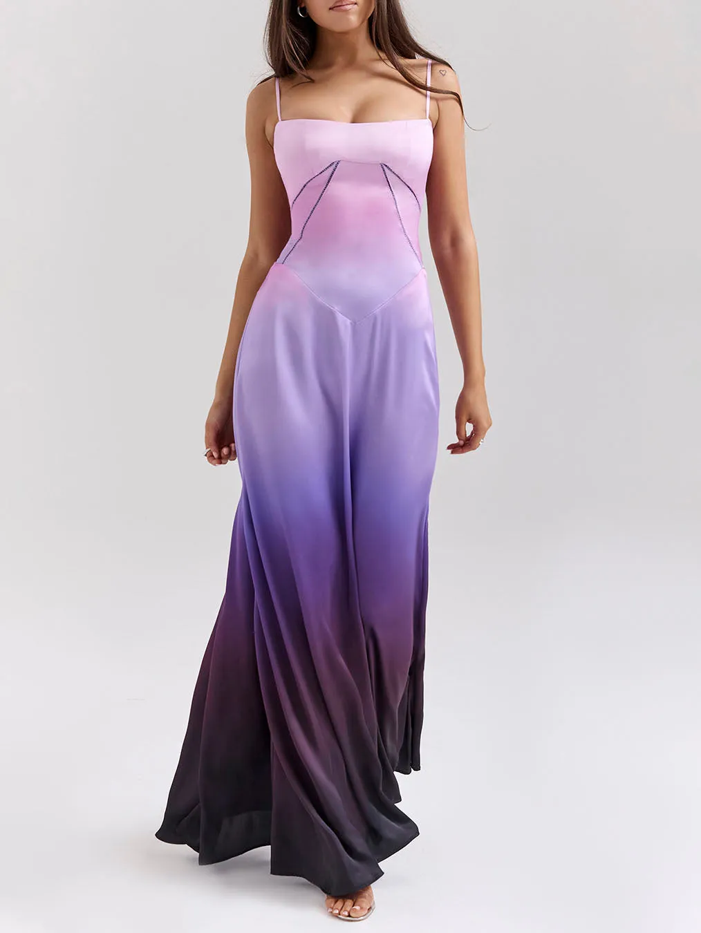 Unique Ombre Print Lace-Up Maxi Dress