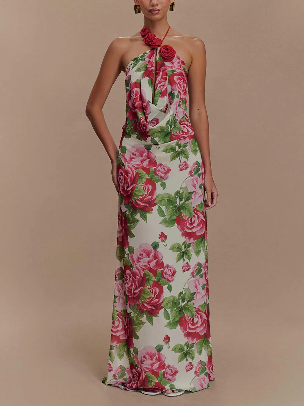 Romance Elegance Rose Printed Applique Cowl Neck Maxi Dress