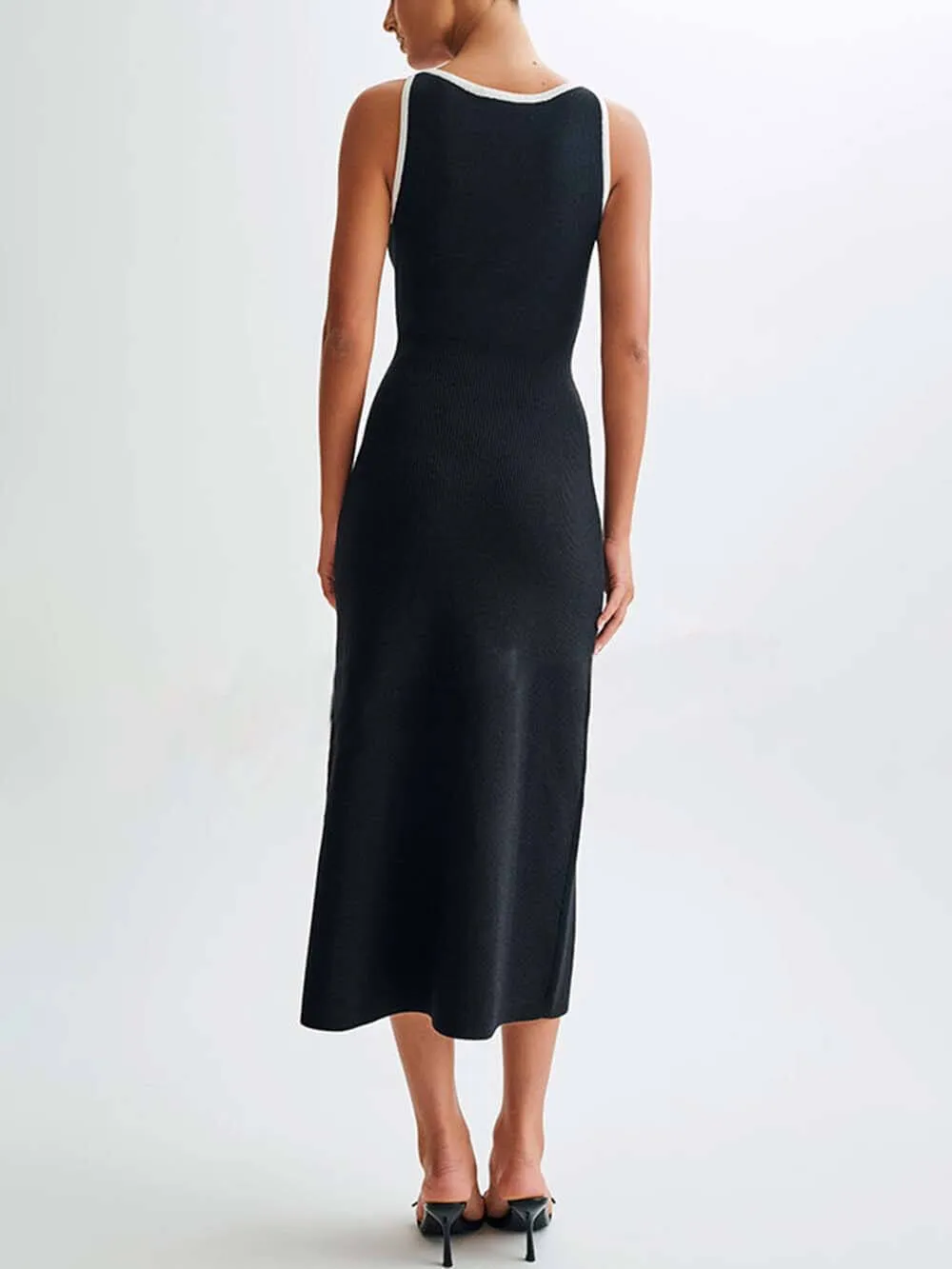 Elegant Crew Neck Buttoned Sleeveless Knit Midi Dress