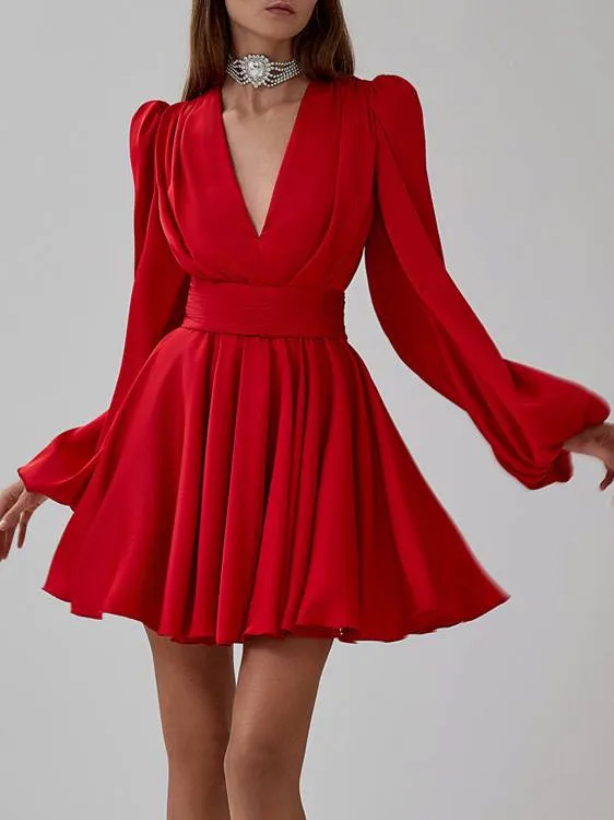 Pleated Bubble Sleeve Waist Seal Dress