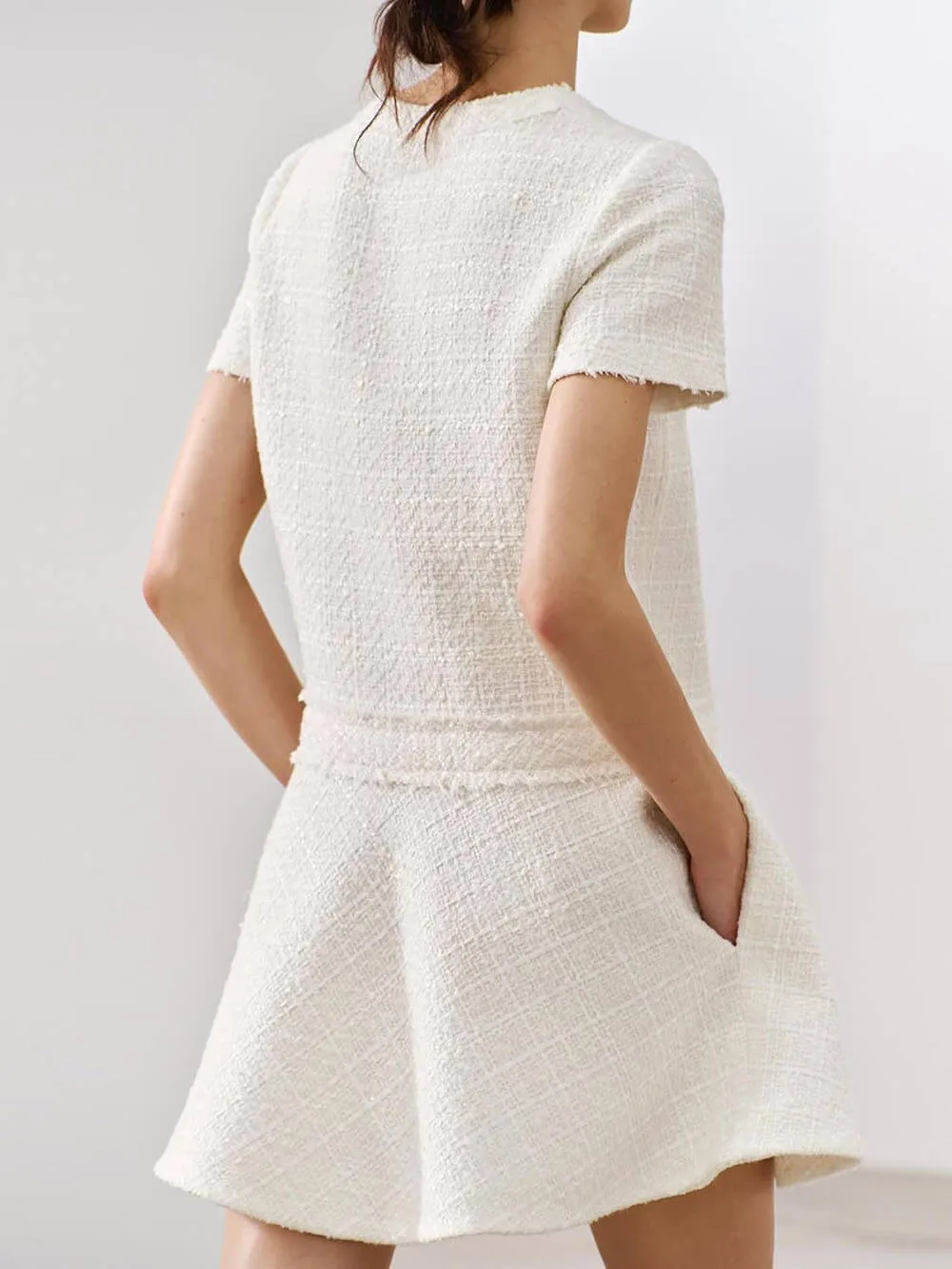 Sweet And Elegant Tweed Textured Short Sleeve Pocketed Mini Dress