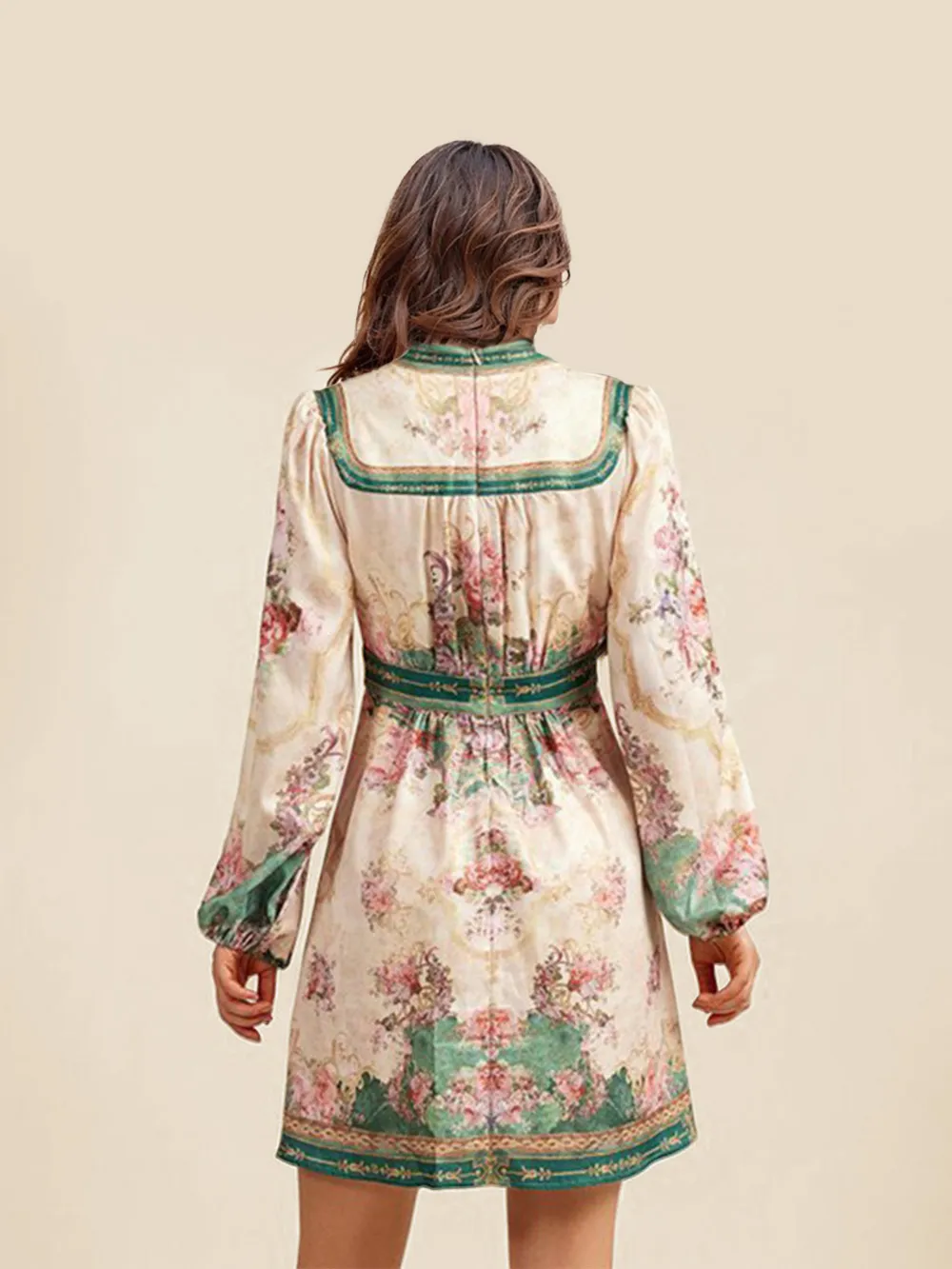 Retro Palace Style V-Neck Printed Mini Dress