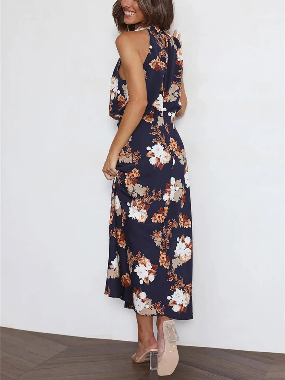 Floral Halter Neck Elastic Waist Maxi Dress