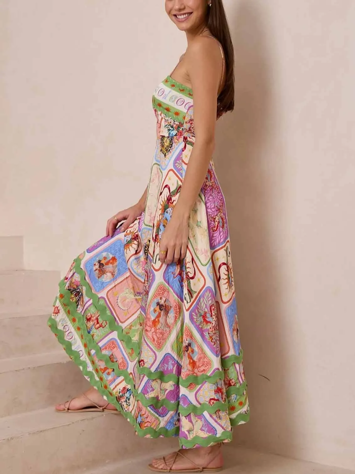 Unique Painted Print Sleeveless Lace Maxi Dress
