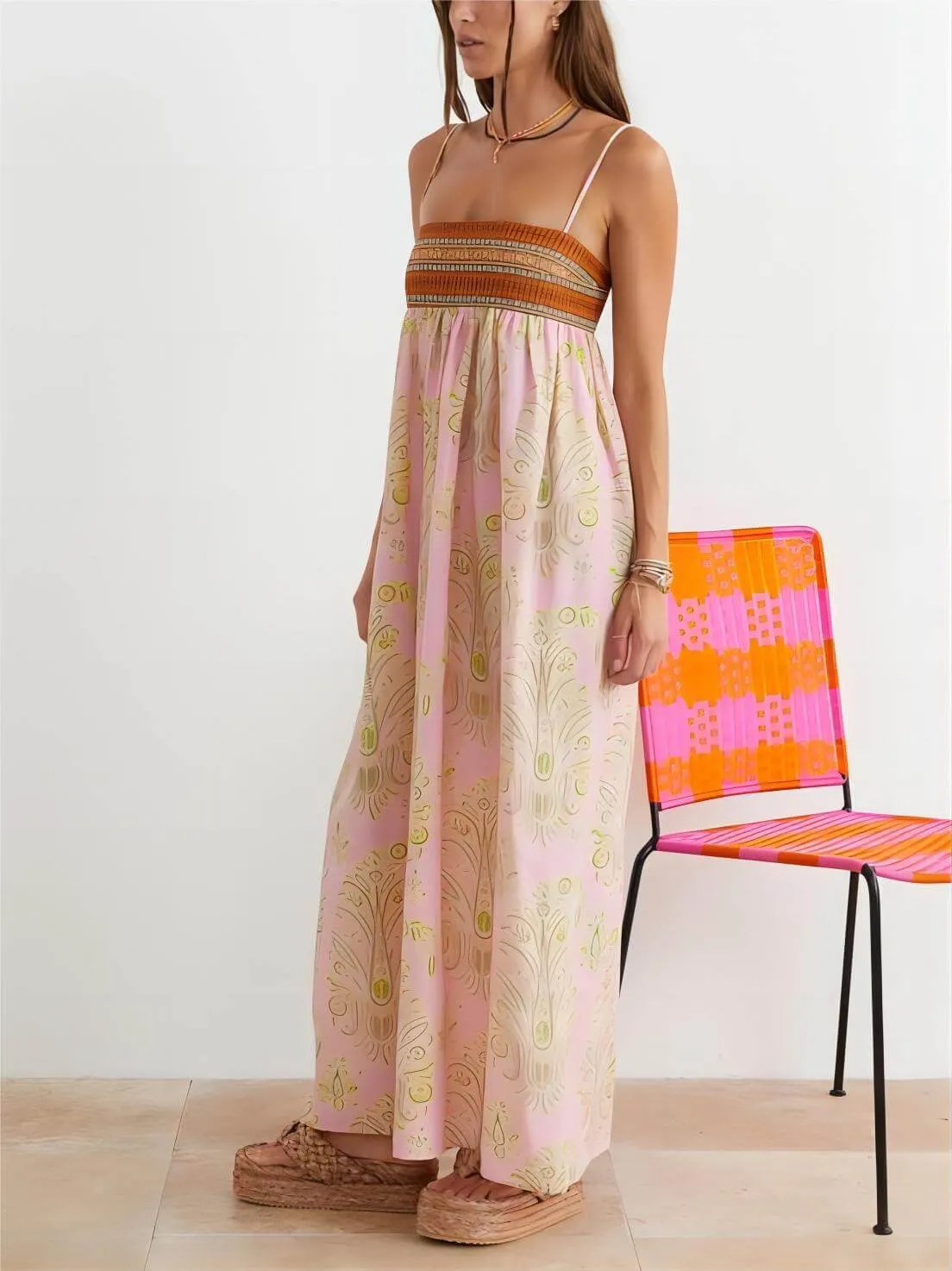 Bosnian Folk Floral Thin Strap Midi Dress