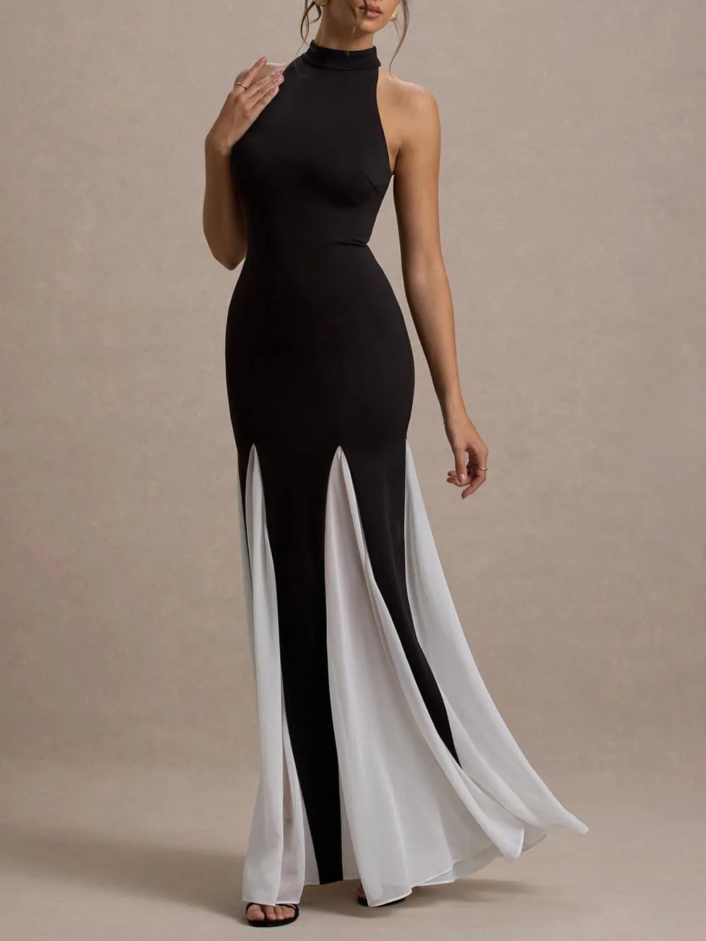 Elegant Contrast Color Panelled Tulle High Neck Stretch Maxi Dress