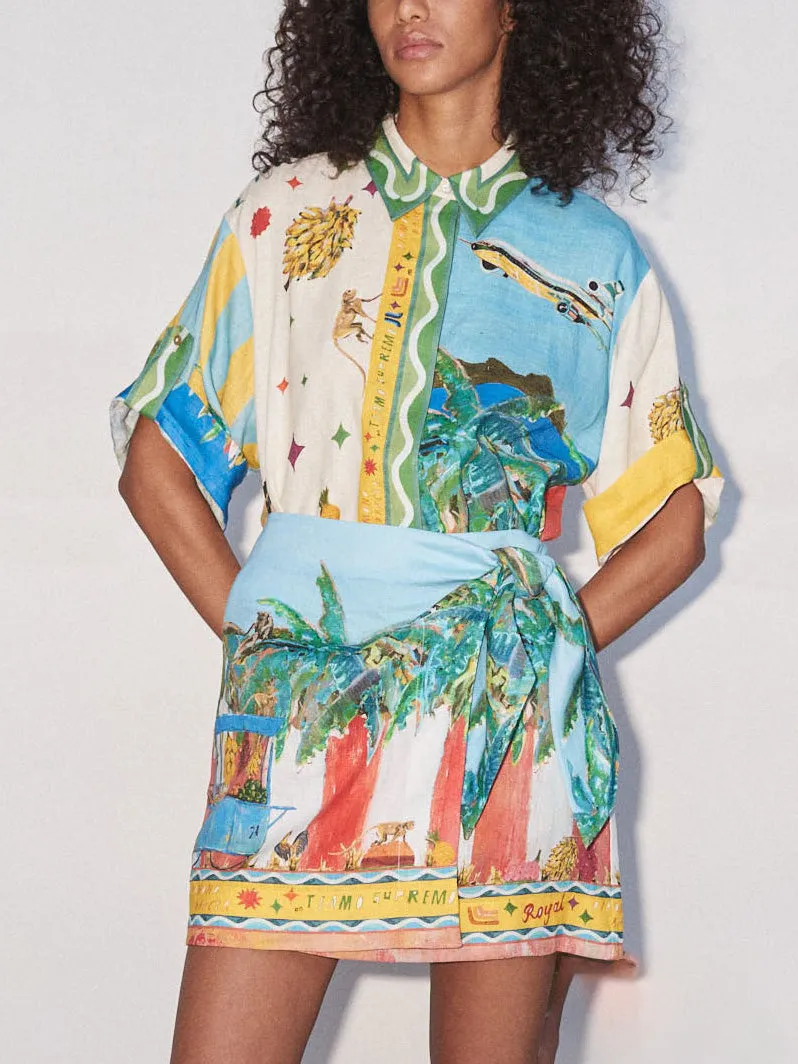 Unique Satin Painted Island Print Skirt And Shirt Two-Piece Set