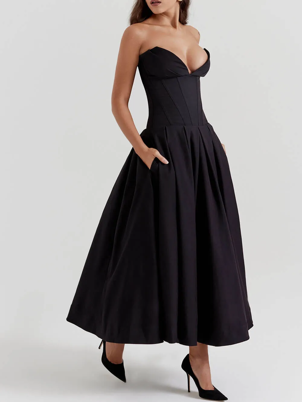 Black Strapless Midi Dress