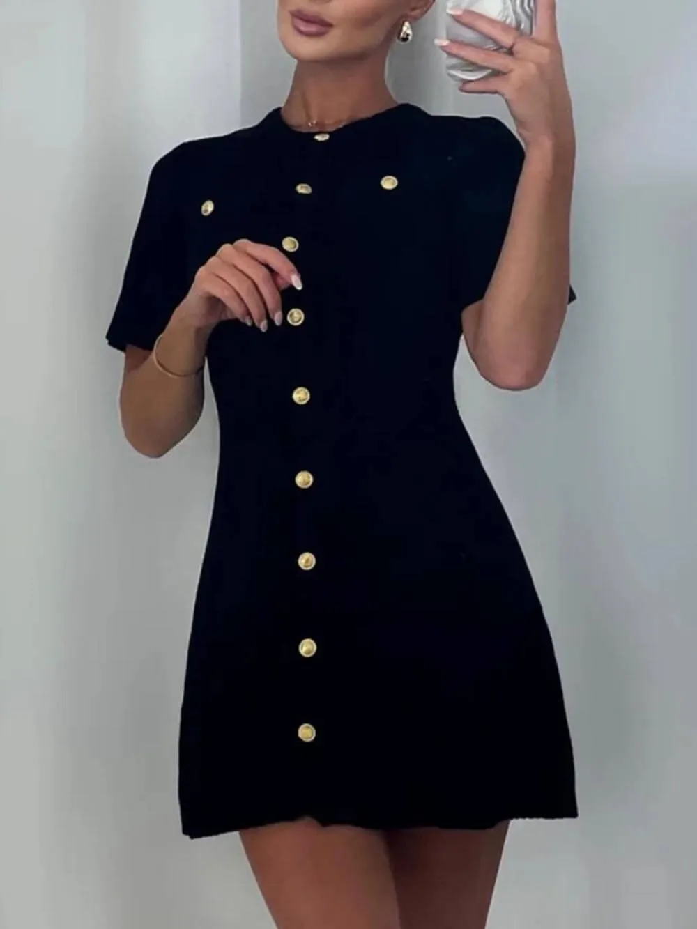 Delicate Short Sleeve Button Knit Mini Dress