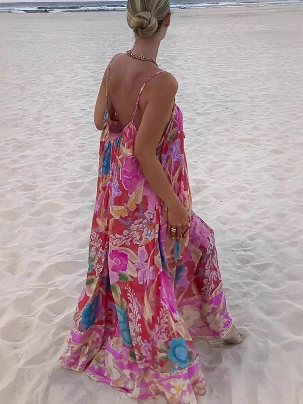 Casual Positioning Print Suspender Maxi Dress