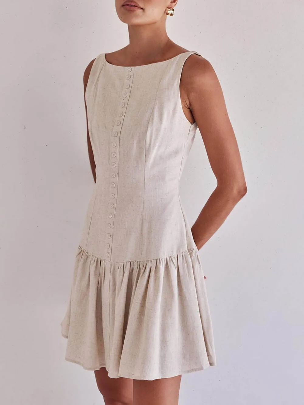 Classic Button Design Ruffle Patchwork Mini Dress