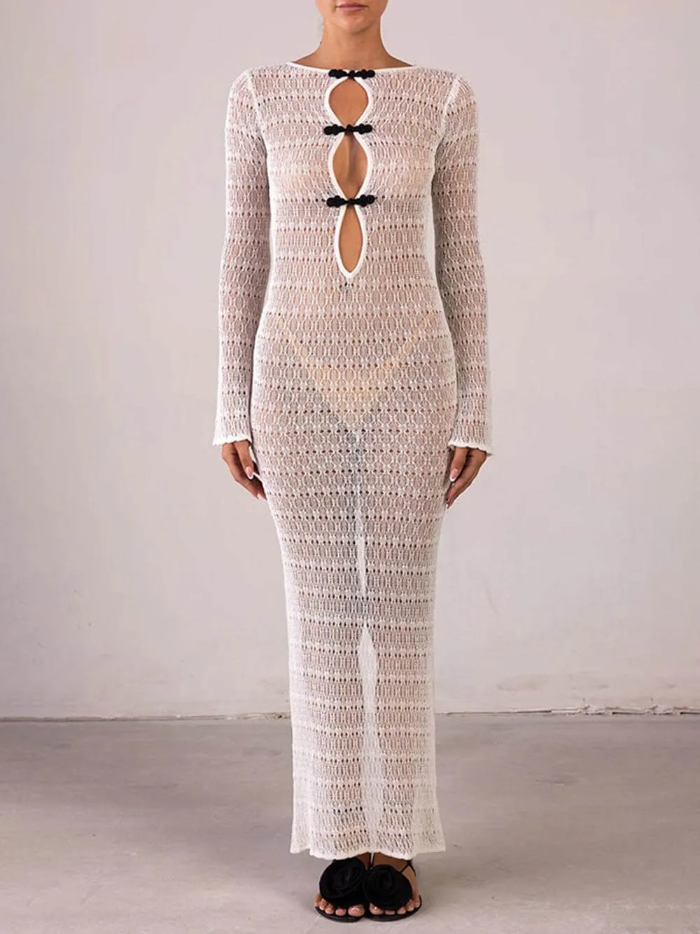 Retro Knit Contrast Spiral Trim Cutout Long Sleeve Vacation Maxi Dress