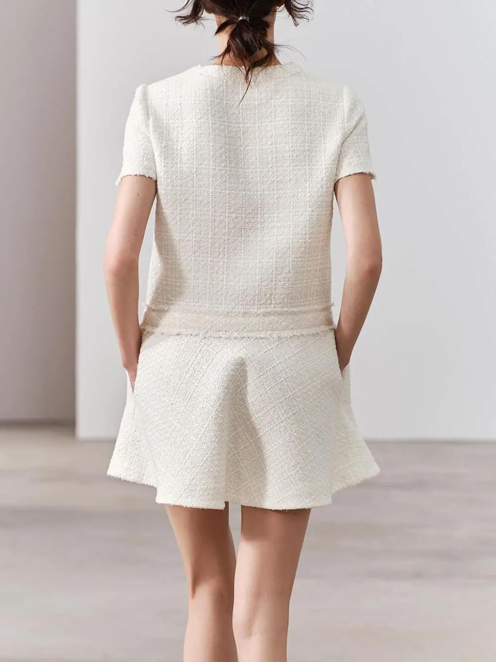 Sweet And Elegant Tweed Textured Short Sleeve Pocketed Mini Dress