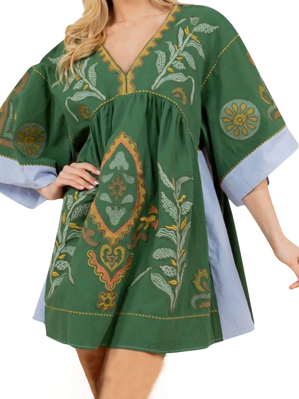 Boho Floral Print 3/4 Sleeve V-Neck A Line Swing Mini Dress