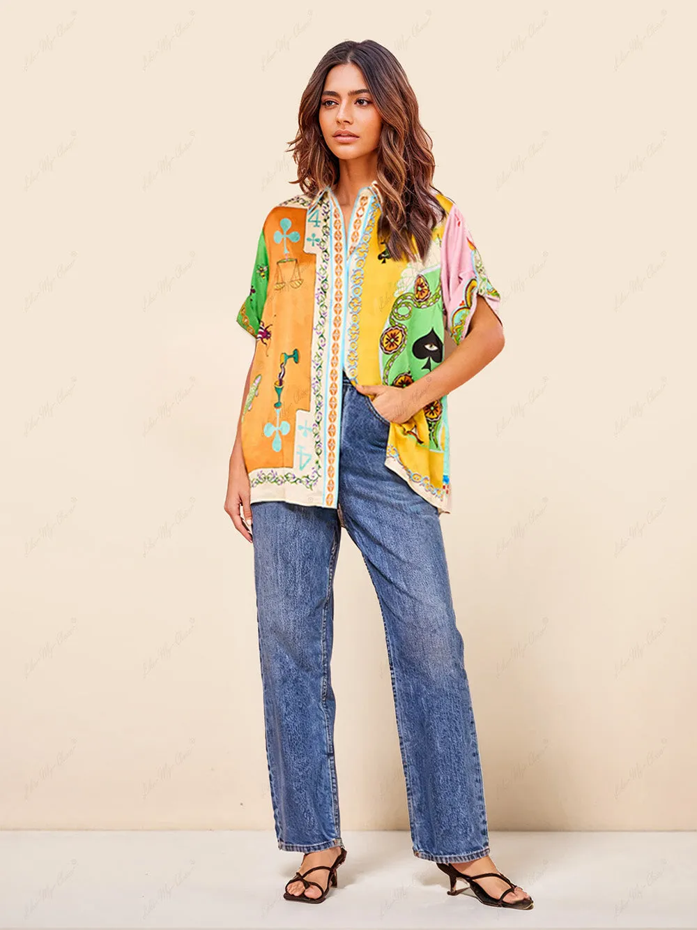 Funny Summer Unique Print Button Down Oversized Blouse