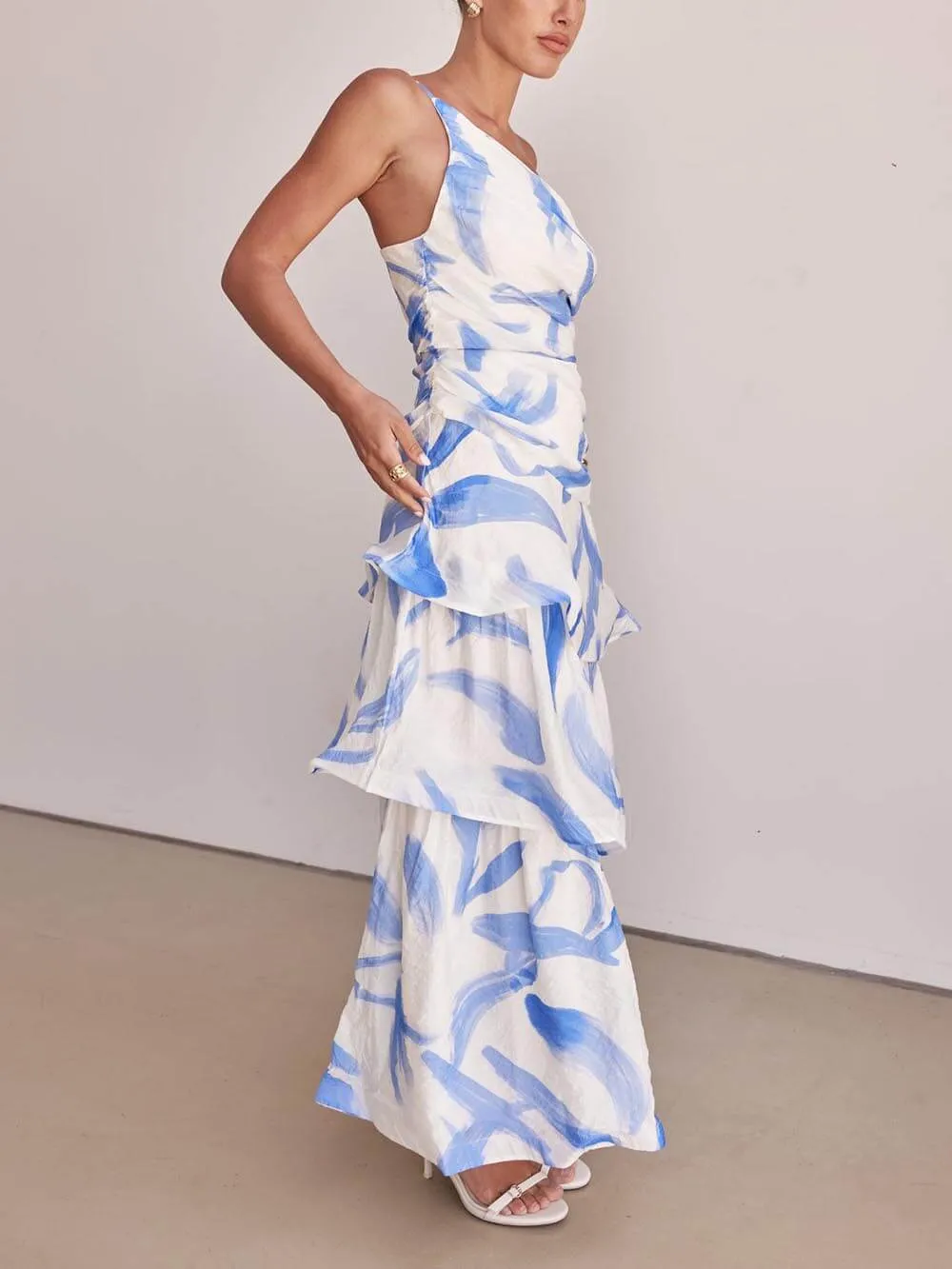 Unique Pleated Asymmetric Neckline Print Maxi Dress