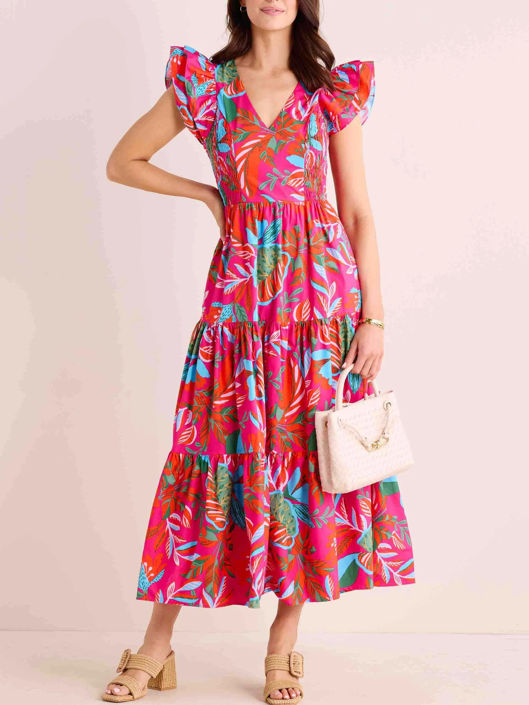 V-neck Small Fly Sleeve Printed Dress
