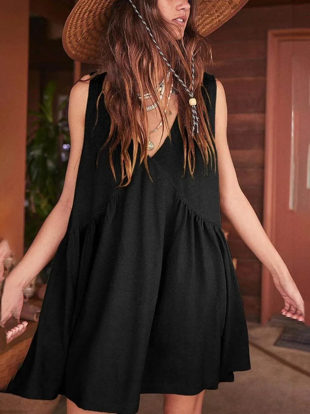 Deep V Wide Strap Mini Tank Dress