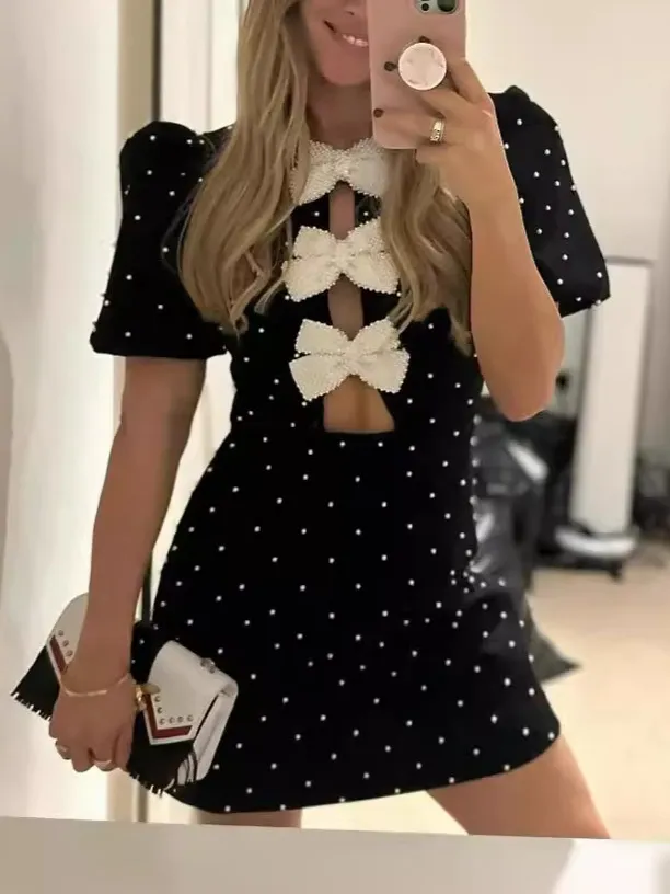Elegant And Exquisite Bow Puff Sleeve Mini Dress