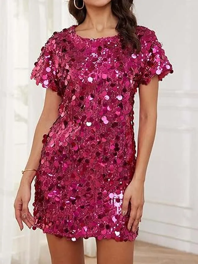 Fashion Short Sleeve Sequin Loose Mini Dress