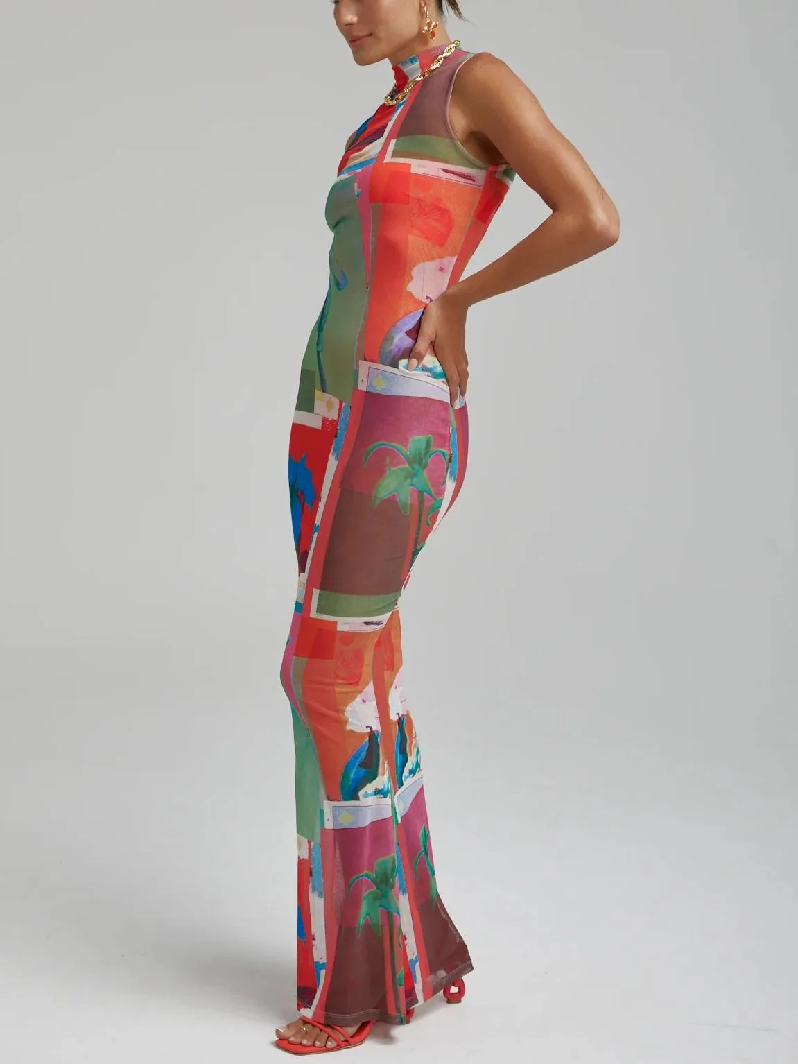 Printed Sleeveless Slim Fit Maxi Dress
