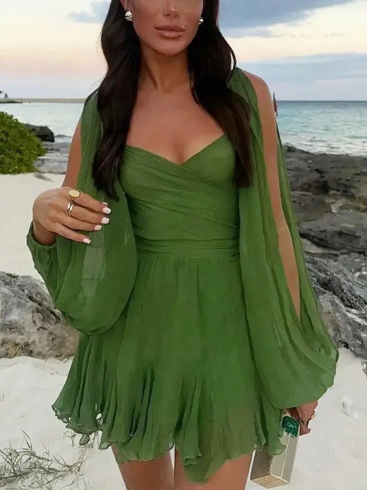 Sexy V-neck Lantern Sleeves Flowy Mini Dress