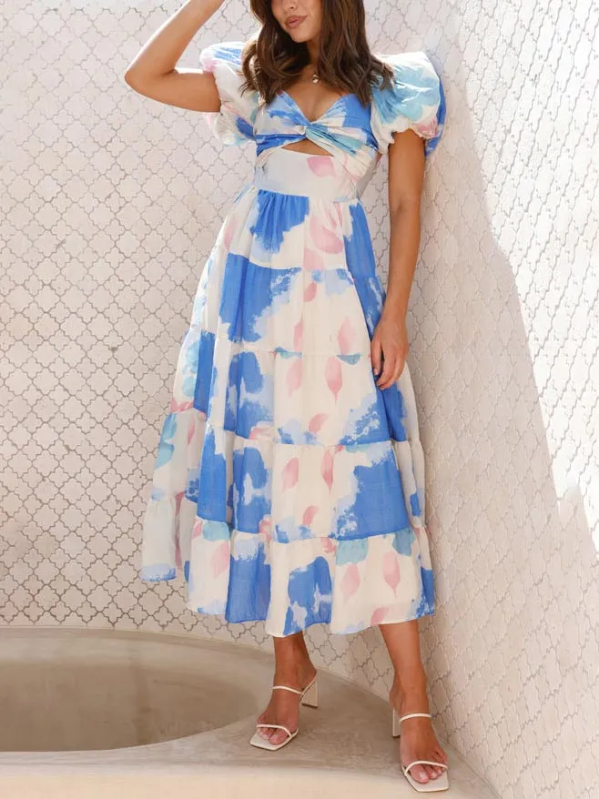 Sweet Blooming Floral Print Puff Sleeve Midi Dress