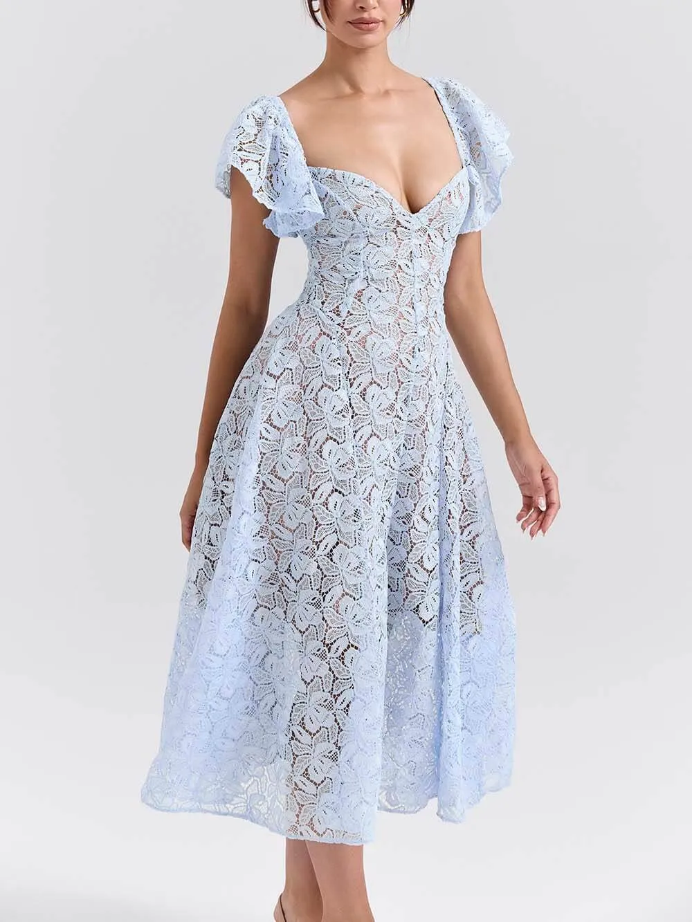 Romantic Bluebell Lace Butterfly Sleeve Sweetheart Neck Stretch Midi Dress