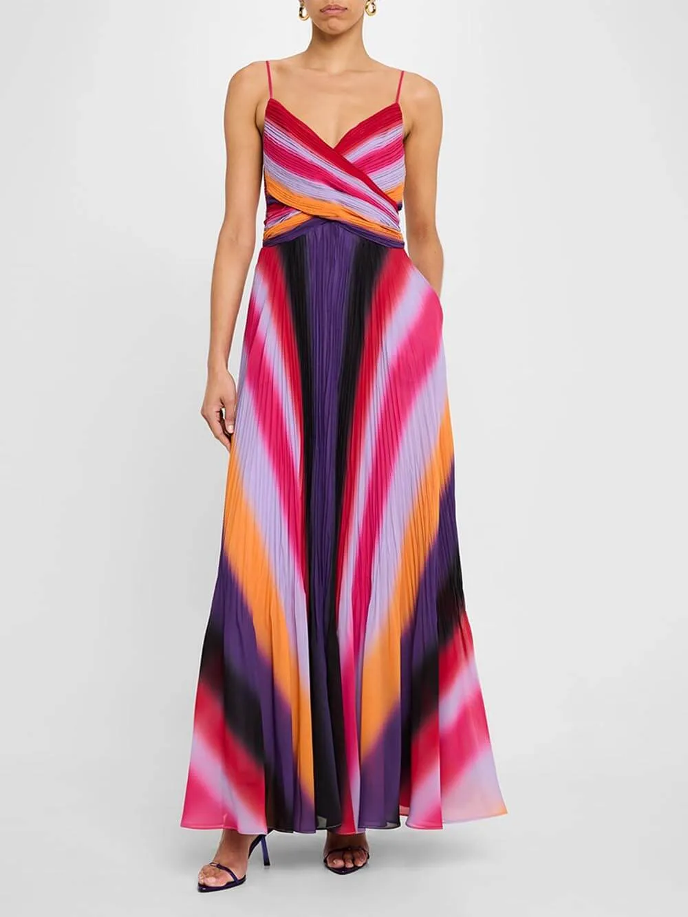 Elegant Pleated Ombre Striped Maxi Dress