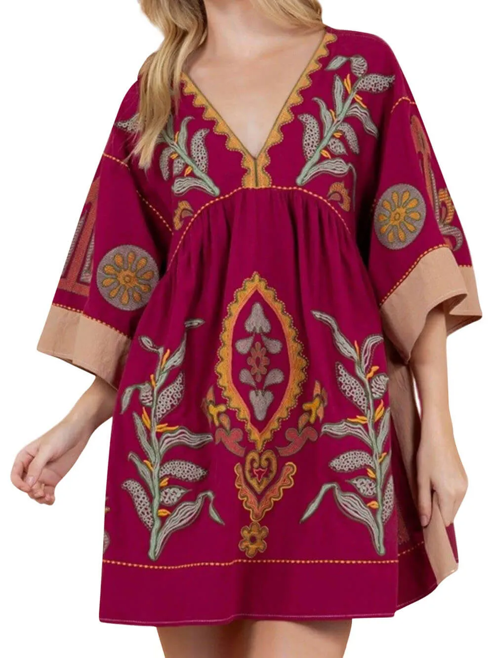 Boho Floral Print 3/4 Sleeve V-Neck A Line Swing Mini Dress