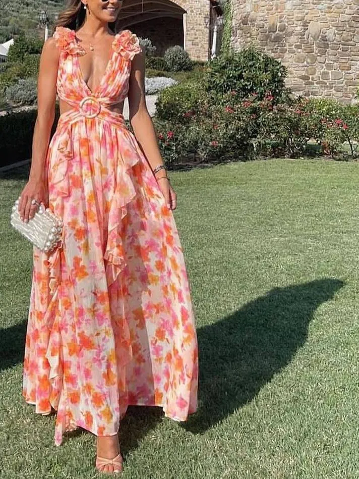 Deep V-neck Floral Hollow Maxi Dress