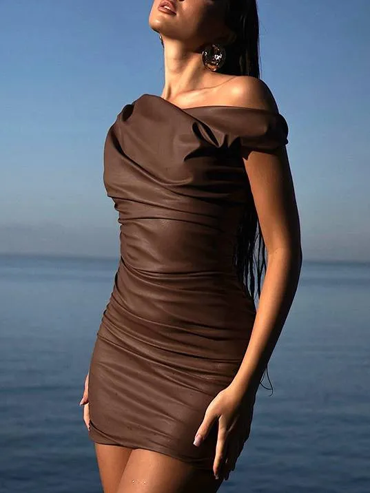 Imitation Leather Skew Shoulder Kink Fold Mini Dress