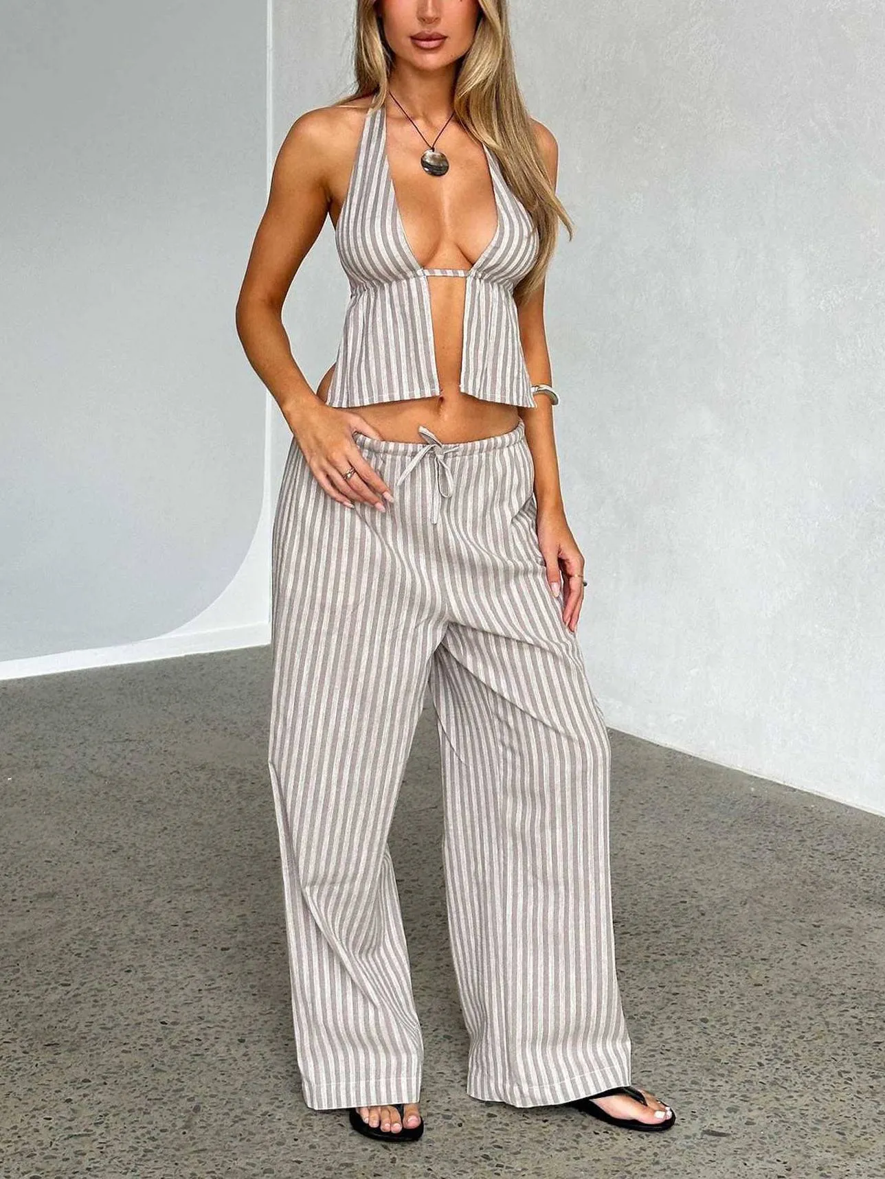 Vacation Style Halterneck Top And Wide-leg Pants Two-piece Set