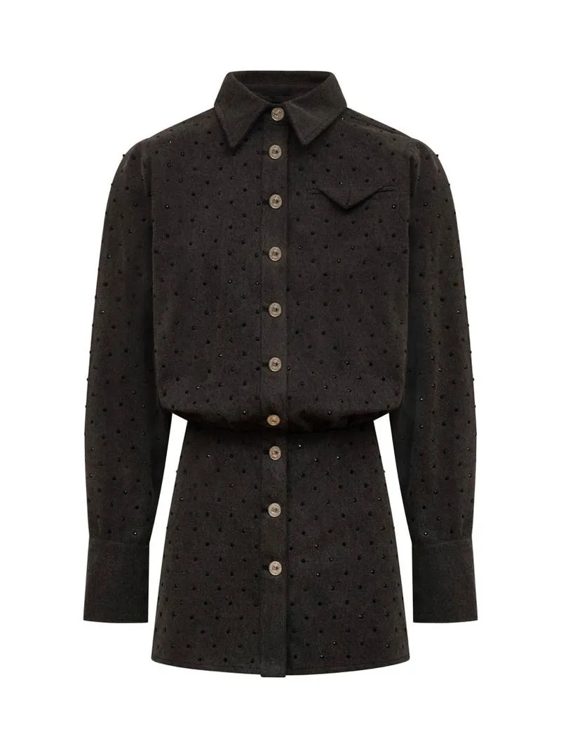 Fashion Waist Rhinestone Button Shirt Mini Dress