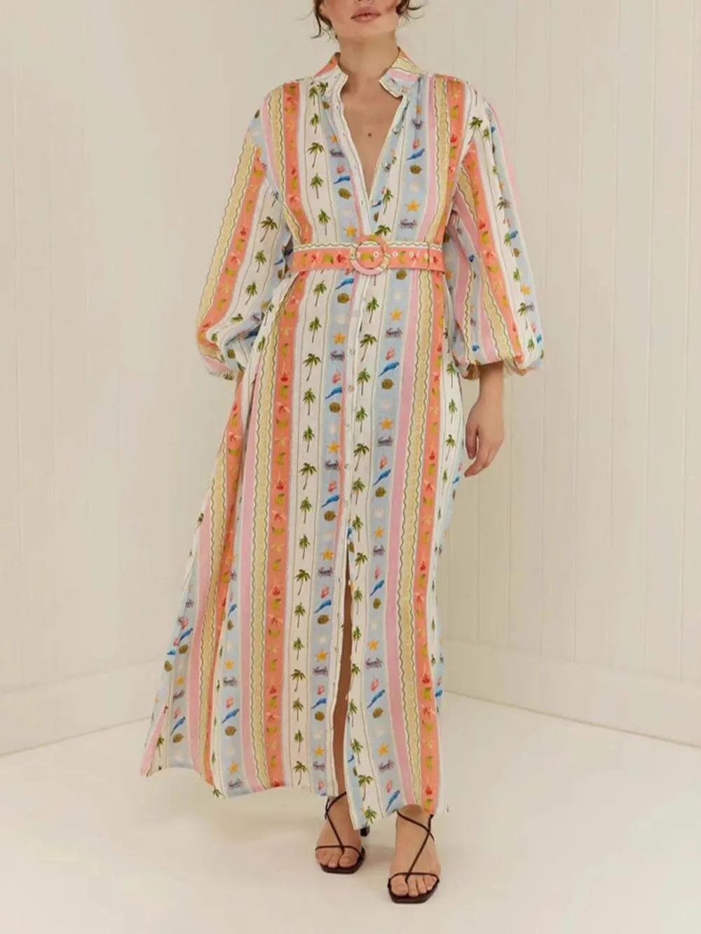 Unique Personalized Printed Casual Linen Cardigan Maxi Dress