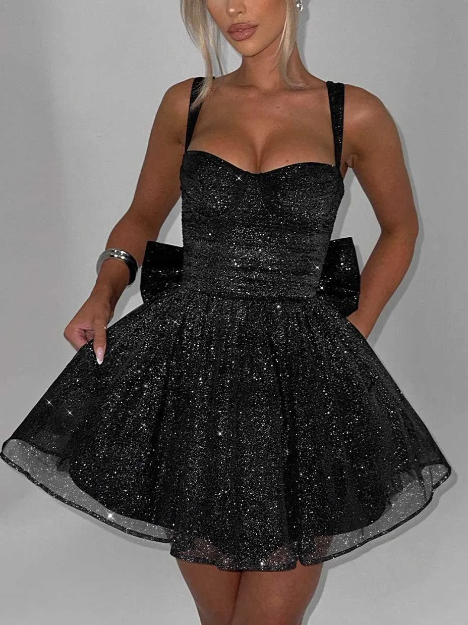 Elegant Pleated Bow Mini Dress