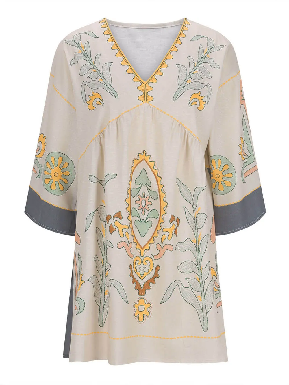 Boho Floral Print 3/4 Sleeve V-Neck A Line Swing Mini Dress