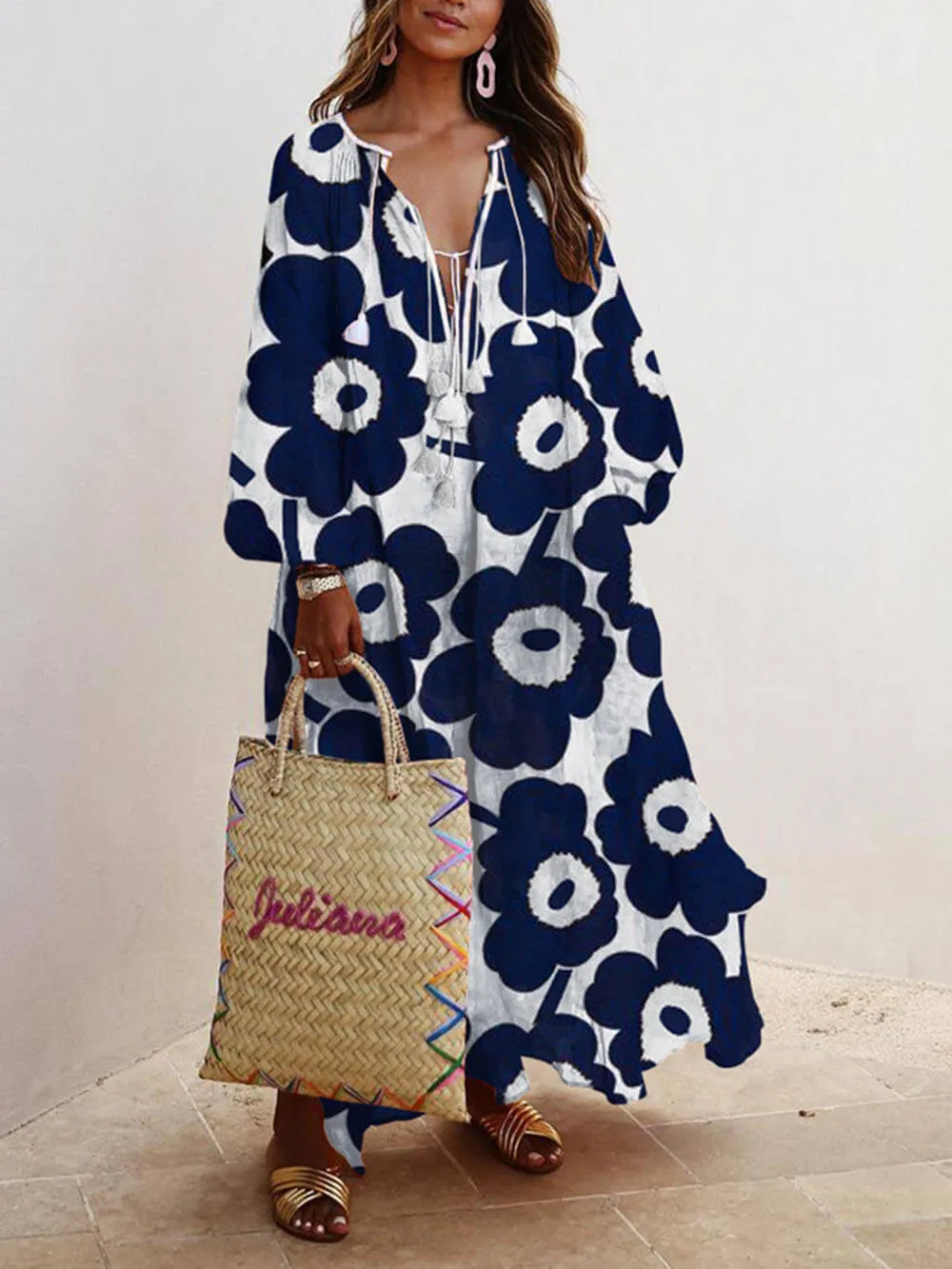Fashion Floral Print Long Sleeve Swing Maxi Dress