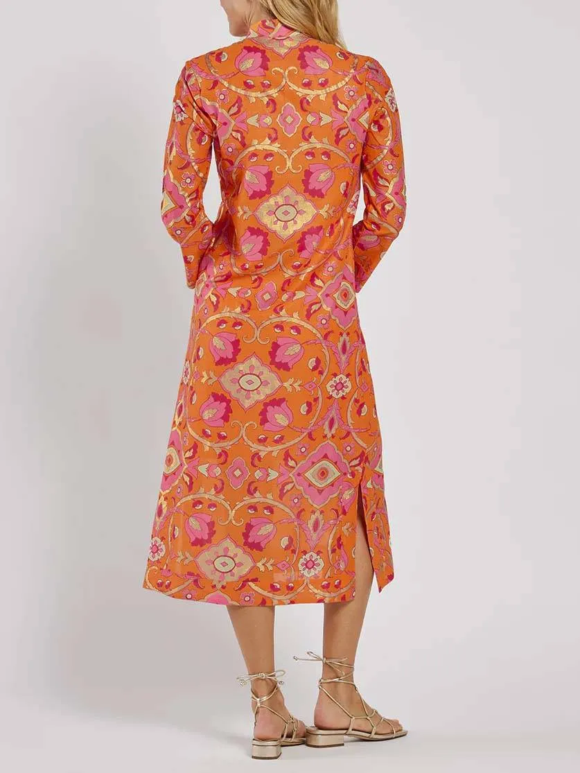 Stand Collar Printed Midi Dress