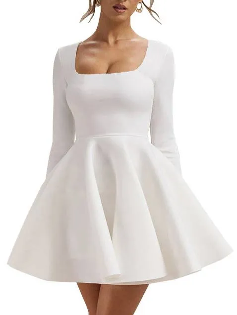 Square Collar High Waist A-Line Mini Dress