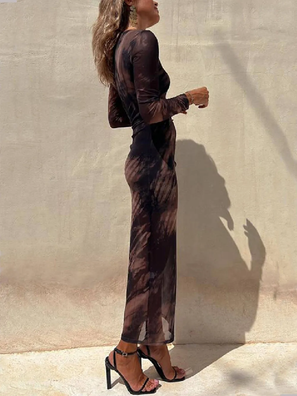 Charm Lady Mesh Overlay Tie Dye Print Long Sleeve Ruched Stretch Midi Dress