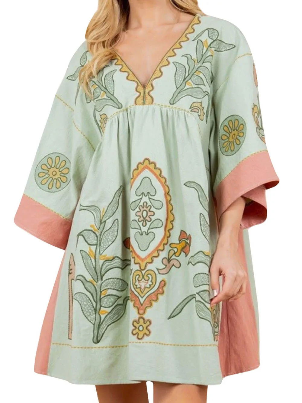 Boho Floral Print 3/4 Sleeve V-Neck A Line Swing Mini Dress