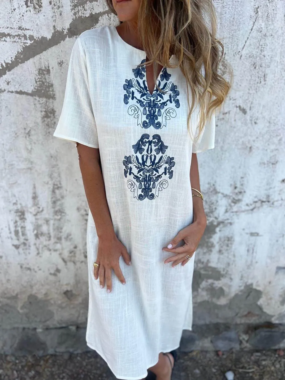 Bohemian Print Linen Loose Midi Dress