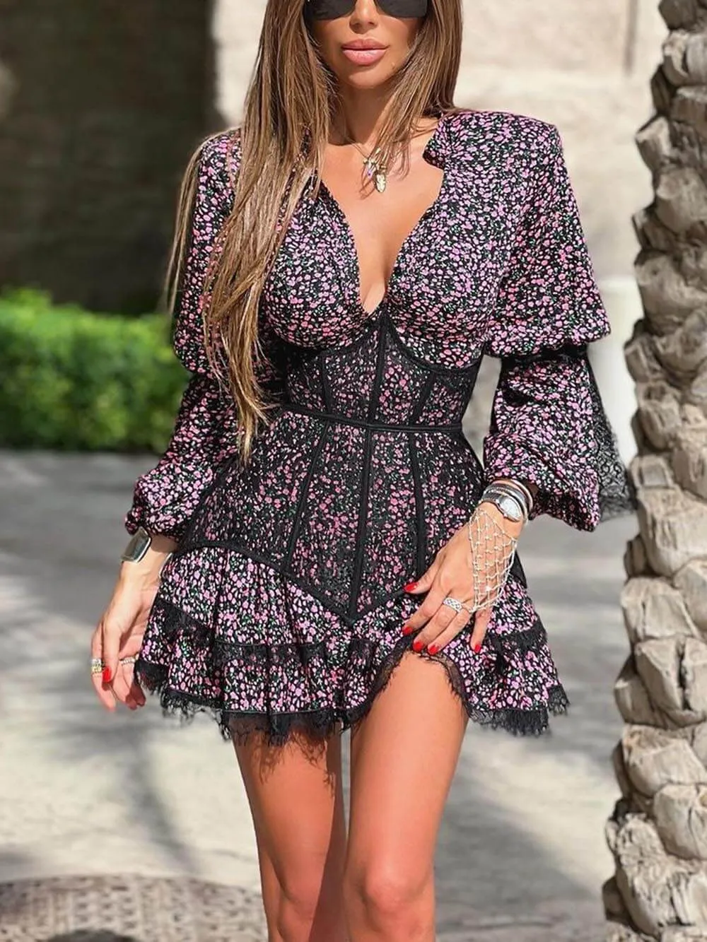 Sweet Floral Print Waisted Long Sleeve Lace Mini Dress